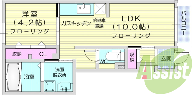 1LDK。モニター付きインターホン、バストイレ別。