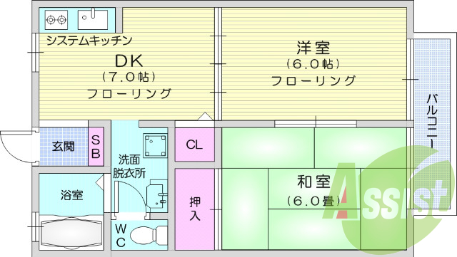 2DK、バス・トイレ別、シャンプードレッサー、給湯