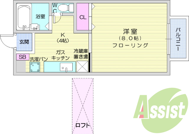 1K、バス・トイレ別、インターネット無料、ロフト付き。