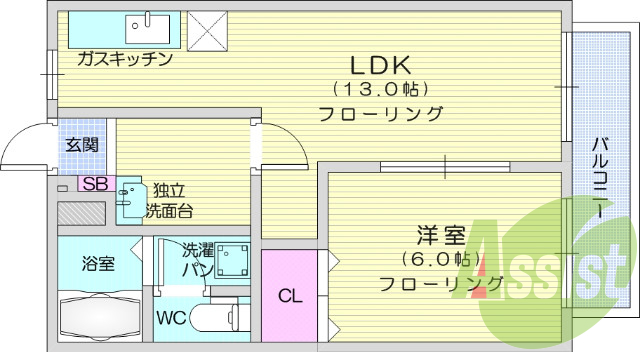 1LDK、角部屋、BS共聴、都市ガス、バルコニー、独立洗面台