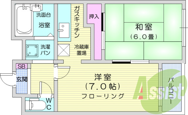 2K、和室、ガスキッチン、室内洗濯機置き場、バストイレ別