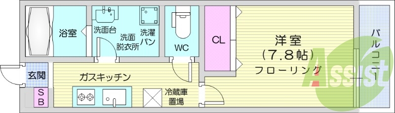 1K、エアコン、バストイレ別、インターネット無料、室内物干し