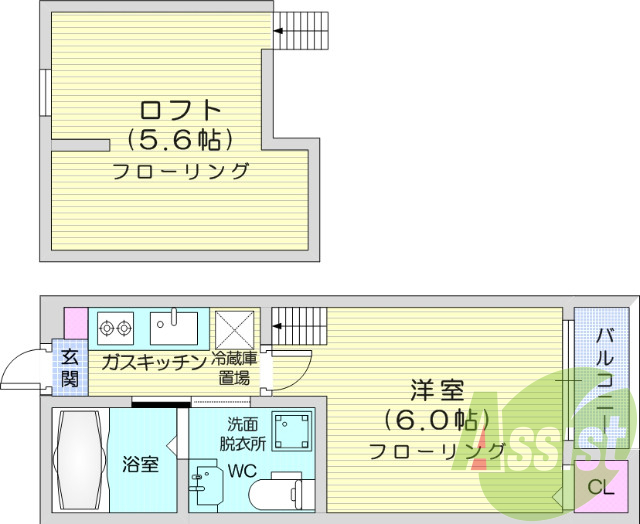 1K、エアコン、バストイレ別、ロフト、オートロック