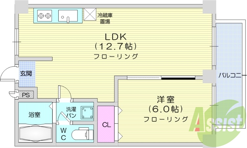 1LDK、B・T別、ウォシュレット付きトイレ有り。