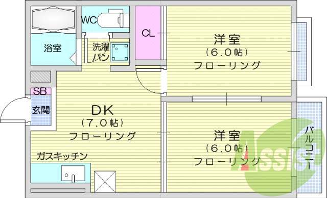 2DK、フローリング、エアコン、クローゼット