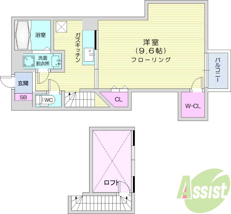 １Ｋ・固定階段式ロフト・エアコン・独立洗面台