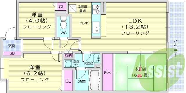 3LDK、モニター付きインターホン、バストイレ別。