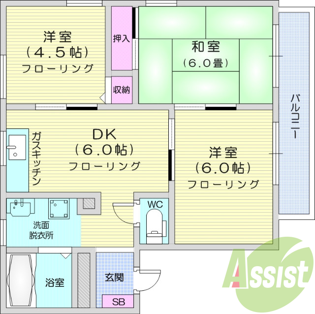3DK、追い焚き機能、独立洗面台、バルコニー