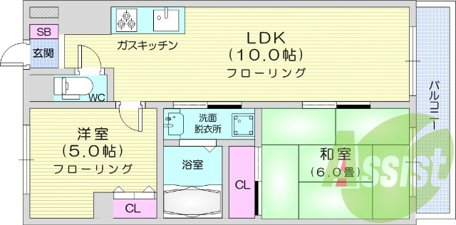 2LDK、エアコン、バストイレ別、オートロック