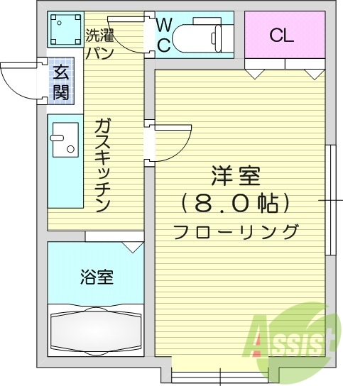 1Ｋ、バストイレ別、エアコン、室内洗濯機置き場