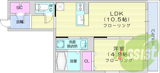 1LDK、オートロック、都市ガス、IHシステムキッチン