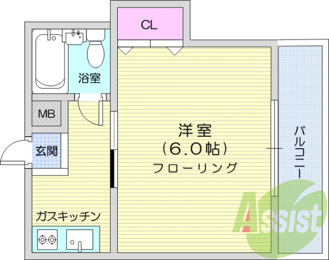 1K、クローゼット、給湯、キッチン、玄関