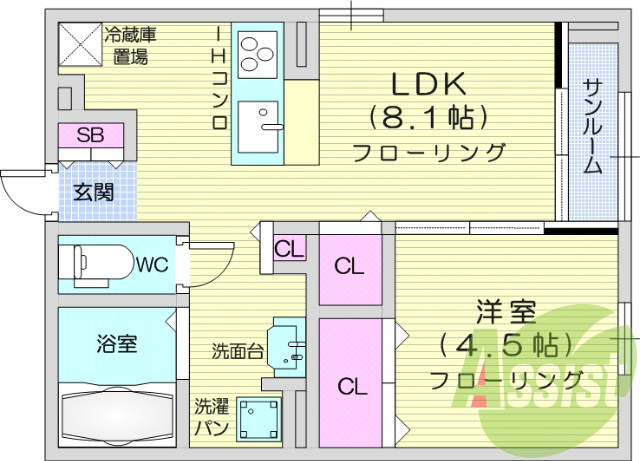 1LDK、エアコン、モニター付きインターホン