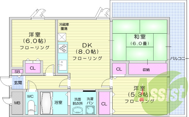 3DK、バストイレ別、都市ガス、独立洗面台。