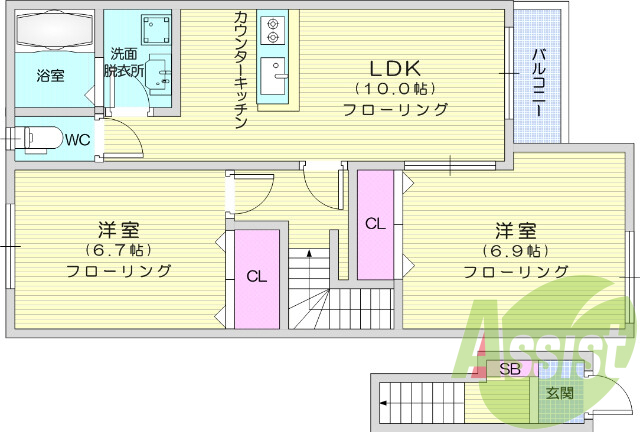2LDK、フローリング、バルコニー、インターネット無料