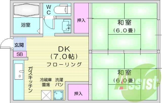 2DK、独立洗面台、クローゼット、角部屋