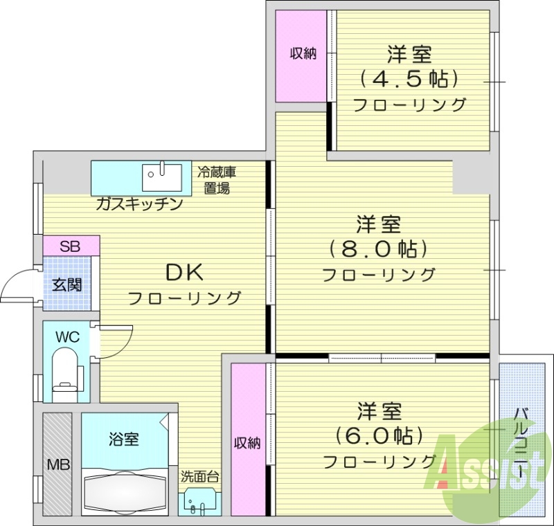 3DK、南向き、ウォッシュレット、都市ガス