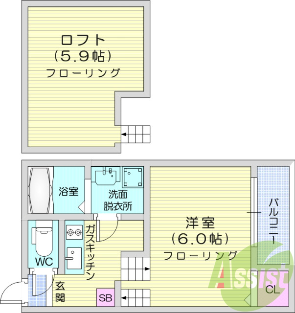 1K、ロフト、シーリングファン、ネット無料、ＴＶインターホン