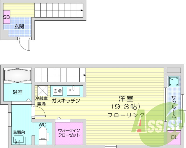 １K、西向き、バストイレ別、追い焚き機能