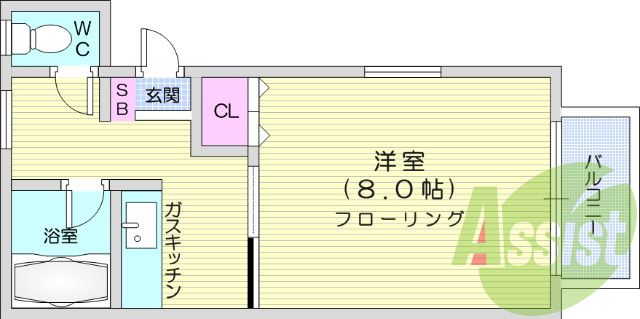 1K、バルコニー、バス・トイレ別、クローゼット