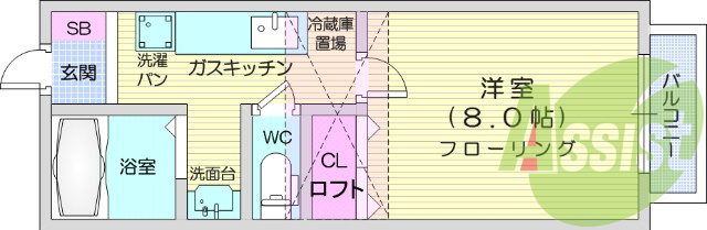 1K、ロフト、角部屋、独立洗面台、バストイレ別