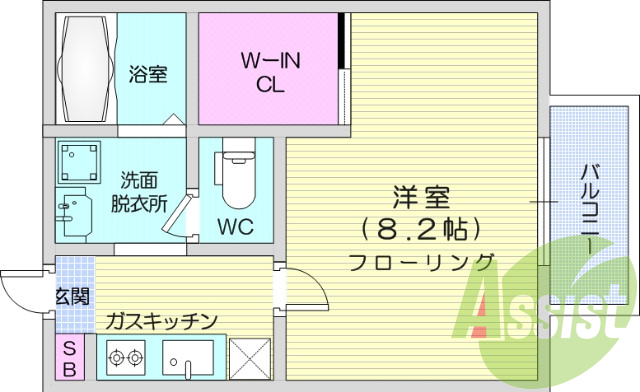 1K、ウォークインクローゼット、フローリング、バストイレ別