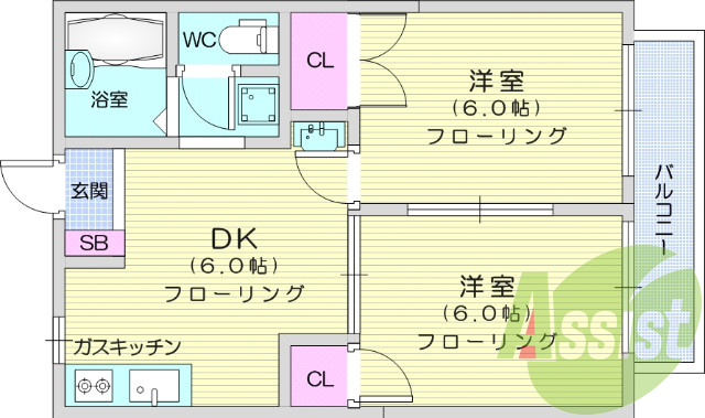 2DK、バス・トイレ別、シャンプードレッサー