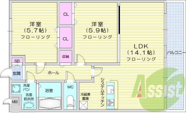 2LDK、モニター付きインターホン、エアコン