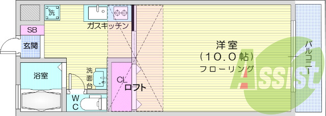 1K、エアコン、システムキッチン、バルコニー