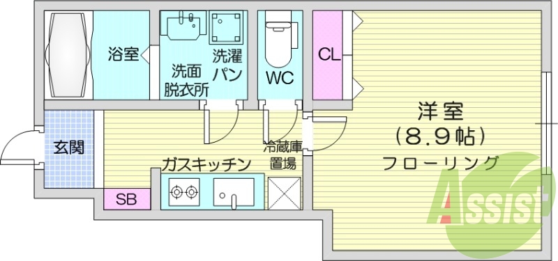1K、エアコン、バストイレ別、インターネット無料
