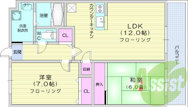 2LDK、独立洗面、エアコン