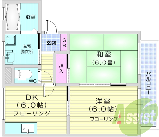 2DK、独立洗面台、エアコン、シューズボックス
