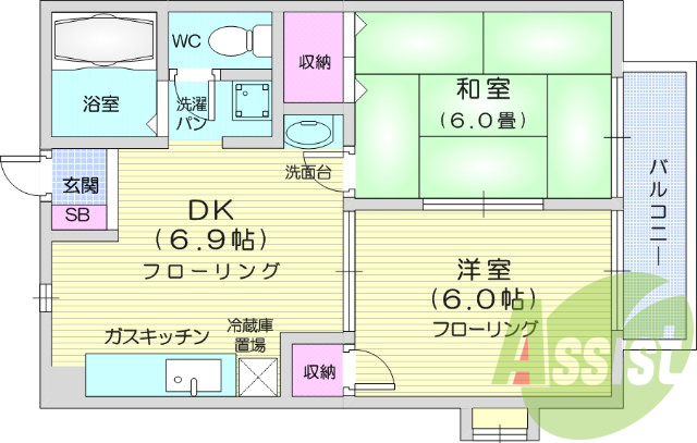 2DK・バス、トイレ別・角部屋・追い焚き機能