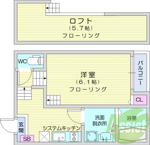 1K、システムキッチン、インターネット無料、浴室暖房