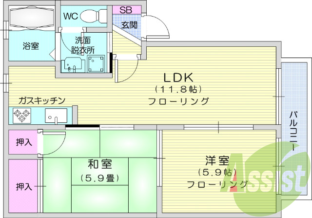 2LDK、フローリング、エアコン、クローゼット