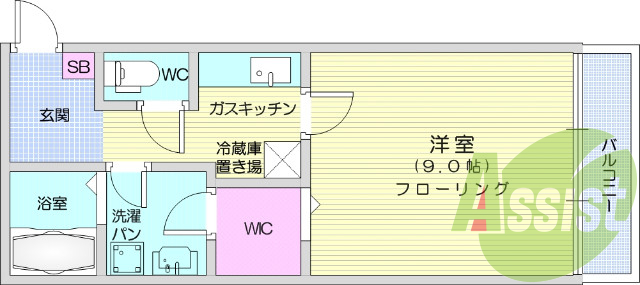 1K、独立洗面台、エアコン、オートロック