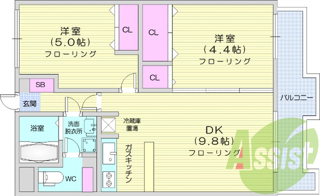 2DK、エアコン、インターホン、ウォシュレット機能
