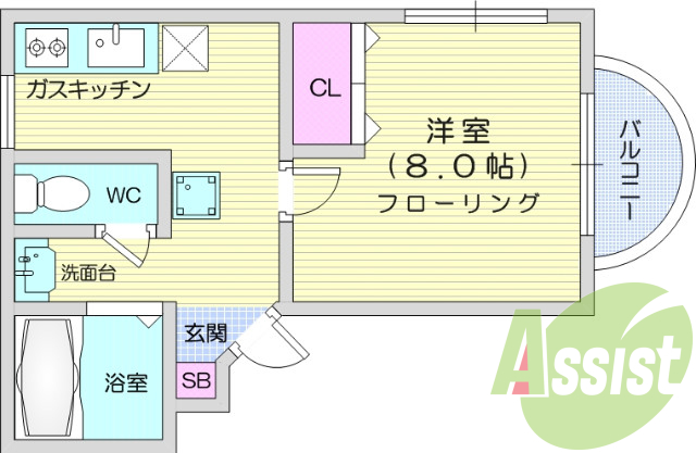 1Ｋ、ガスキッチン、バストイレ別、室内洗濯機置場、エアコン