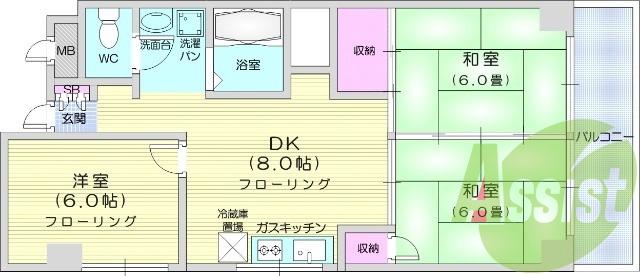 3ＤＫ。バストイレ別。独立洗面台。バルコニー付。
