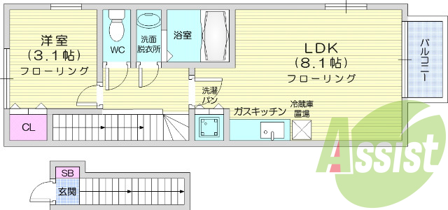 1LDK、エアコン、バストイレ別、インターネット無料