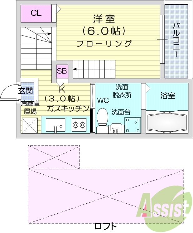 1K、バストイレ別、ロフト、追焚機能、独立洗面台