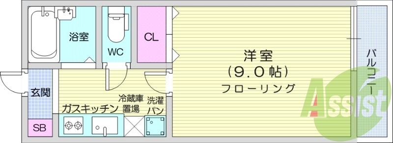 １K、陽当たり良好、バストイレ別、都市ガス、エアコンあり