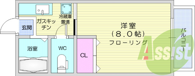 1K、バス・トイレ別、日当たり良好、ガスコンロ設置可。