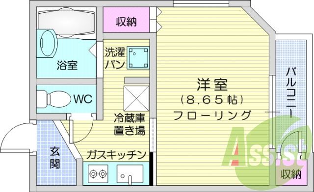 1K、バス・トイレ別、システムキッチン、エアコン、