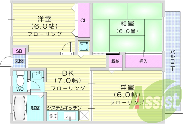 3ＤＫ、システムキッチン、洗面化粧台、エアコン