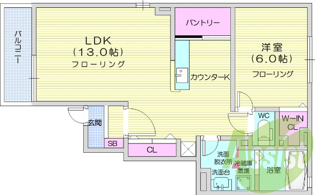 １LDK、角部屋、バス・トイレ別、追い炊き機能付。