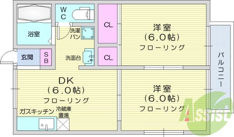 ２DK、ガスキッチン、洗濯機置場失礼、ウォシュレット