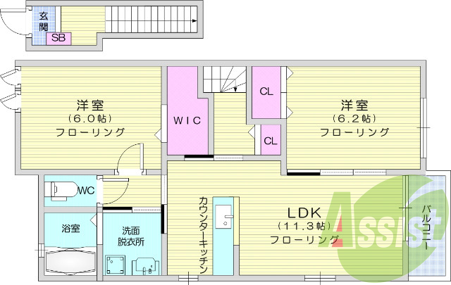 2LDｋ、フローリング、エアコン、ウォークインクローゼット