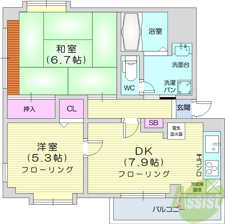 2DK、エアコン、システムキッチン、洗面化粧台