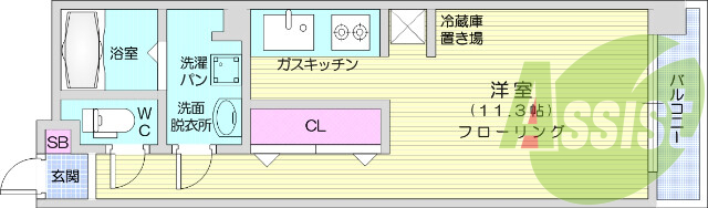 １Ｒ、フローリング、システムキッチン、シャンプードレッサー